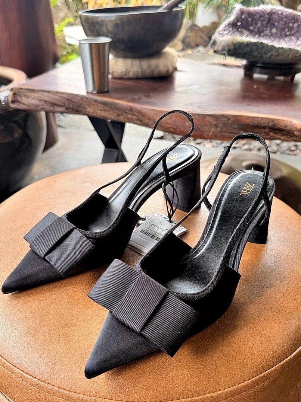 Zara Satin Bow Slingback Heels Black